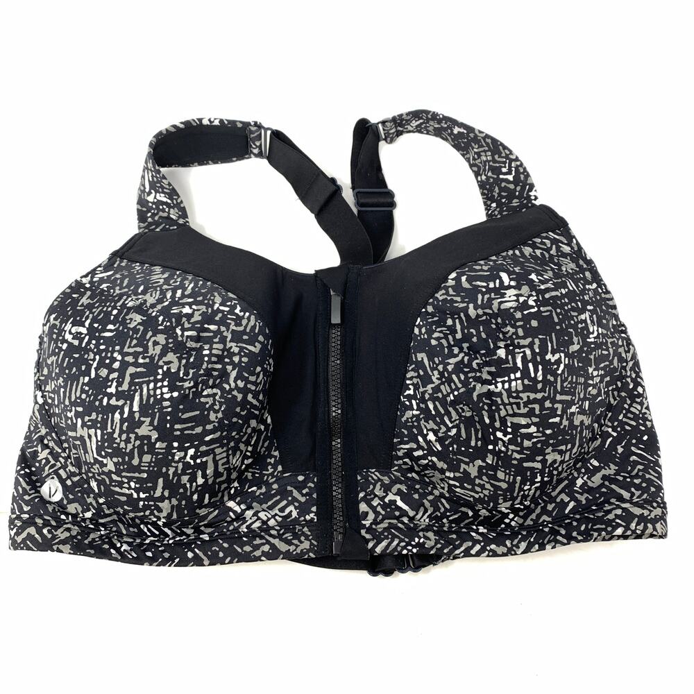 Lane Bryant LIVI Front Zip Racerback Sports Bra Womens Sz 40DD Black White Print